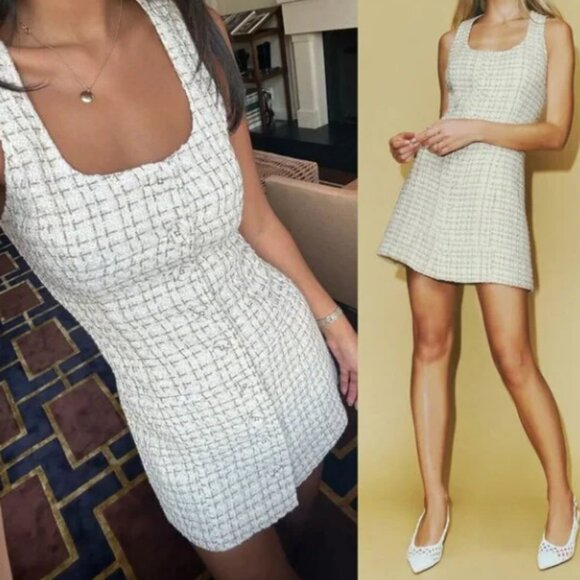 Reformation Jaine White Tweed Mini Dress Button Front Scoop Neck Size 8 NWT - Picture 1 of 1